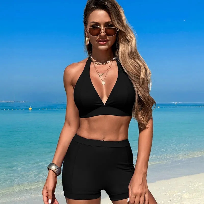 Women's nylon bikini swimsuit in black, pink, blue, and purple colour options