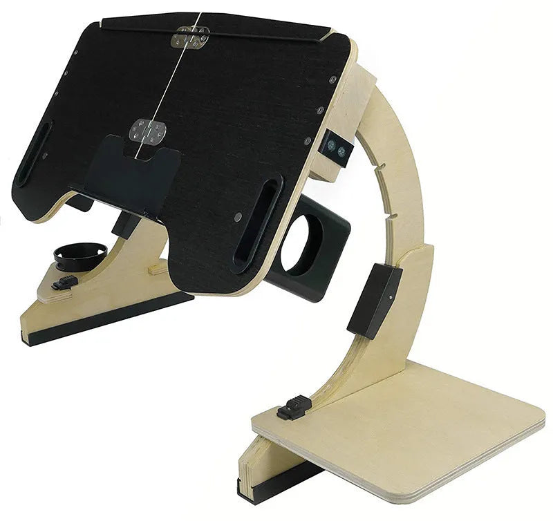 A white maple wooden bed table folded flat, showing its slim profile and adjustable hinge mechanism.