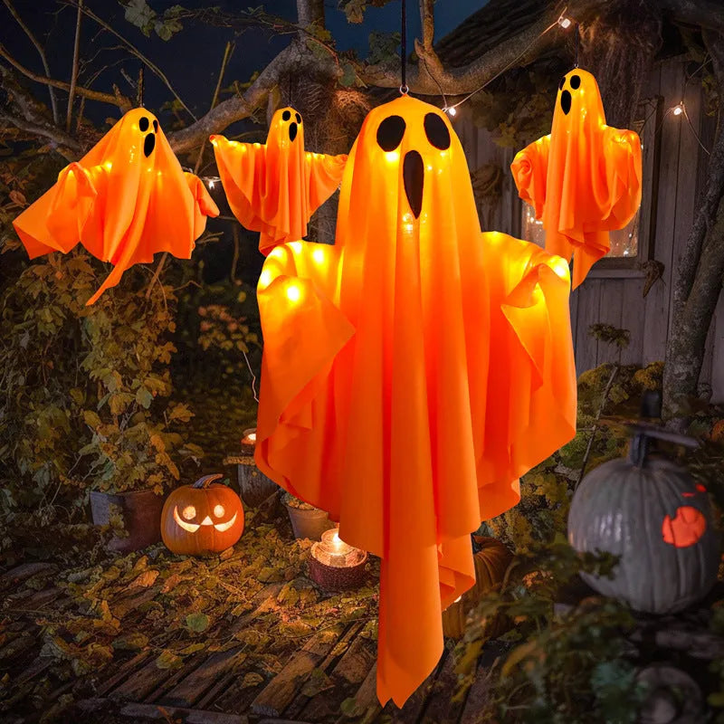 Luminous white ghost Halloween light with cloth construction and button electronics