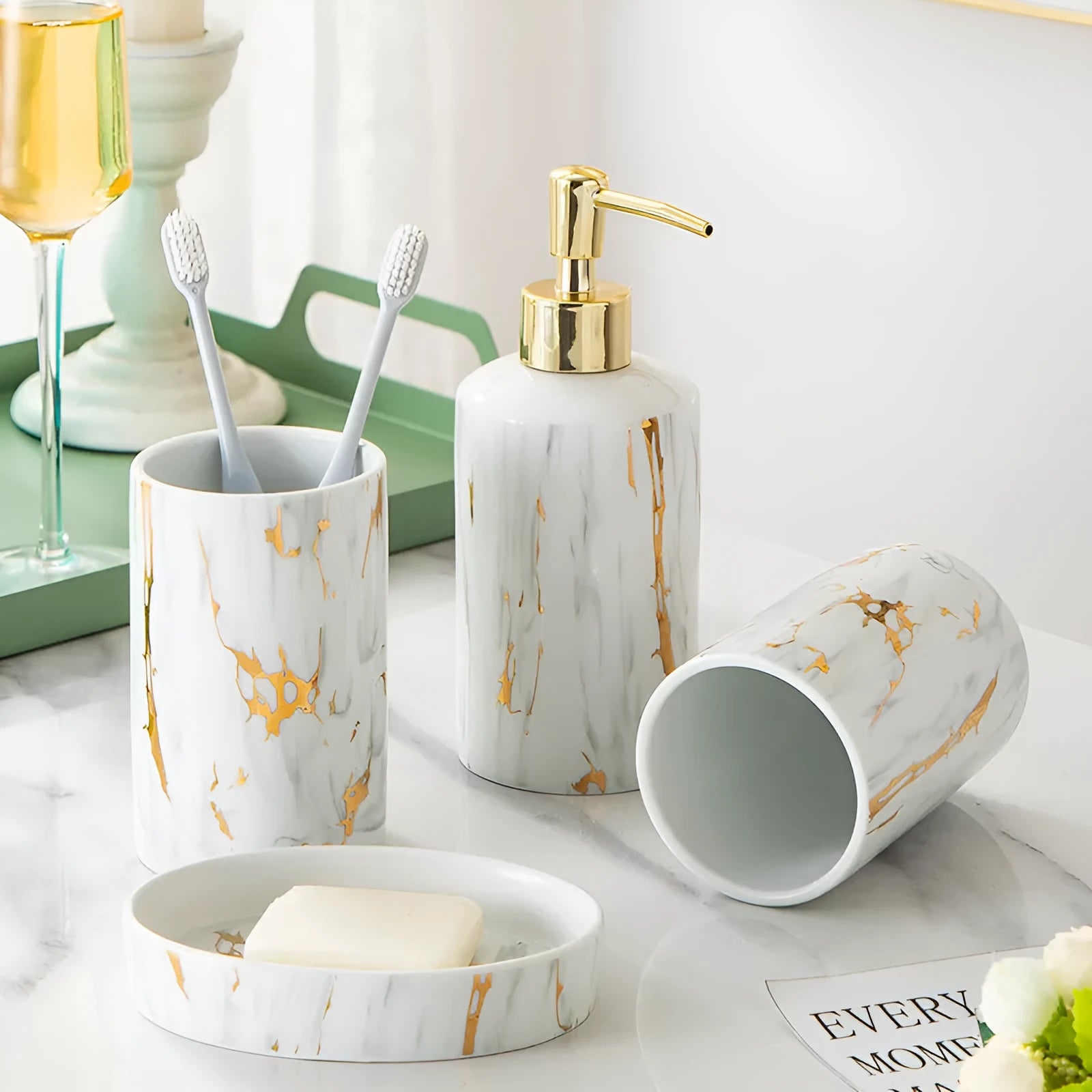 White ceramic bathroom wash kit with marble design showing two cups, latex bottle, and soap box