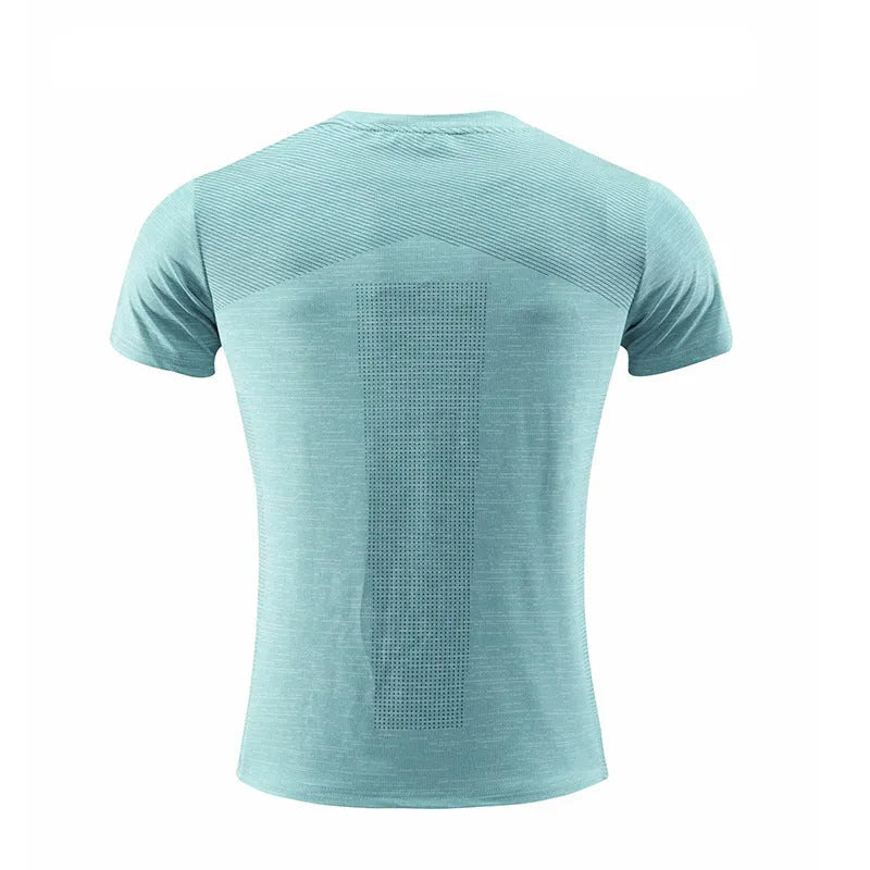 Men's red short-sleeved sports T-shirt made from polyester spandex fabric for running and basketball.