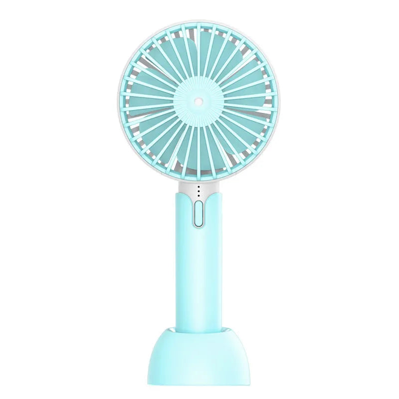 Blue handheld mini USB desk fan with three-speed control and shaking head