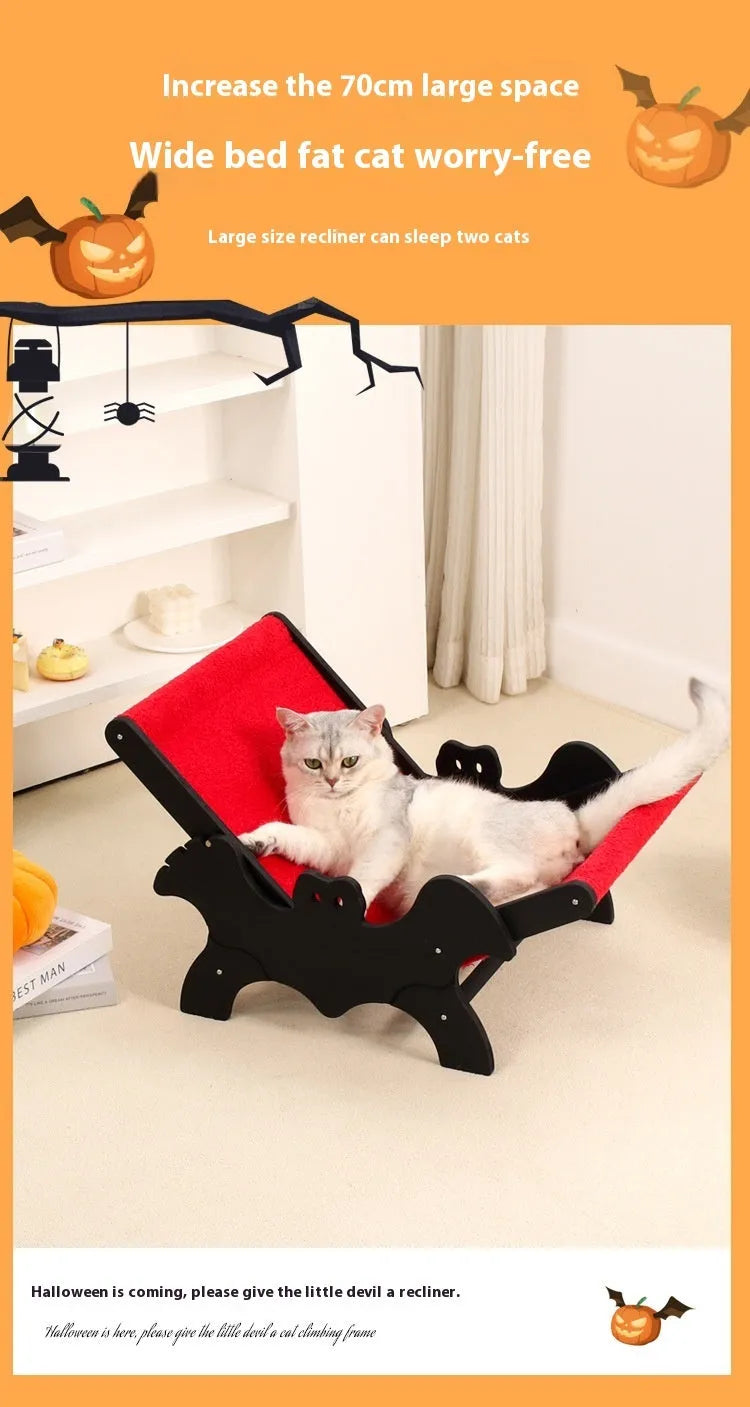 Black and red wooden bat-shaped cat recliner bed for halloween pet decor