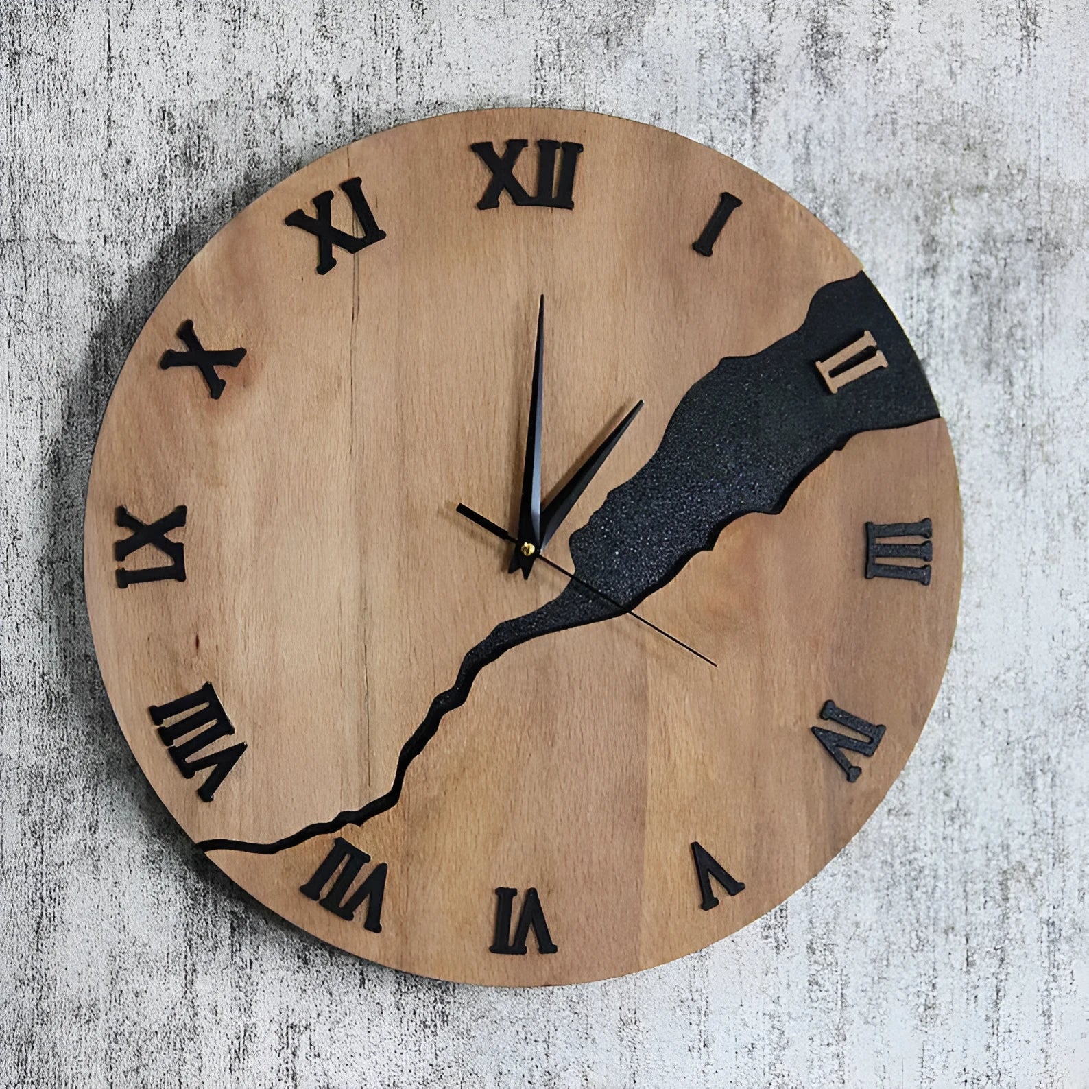 Modern simple wooden wall clock with a crack design dial on a light wood background.