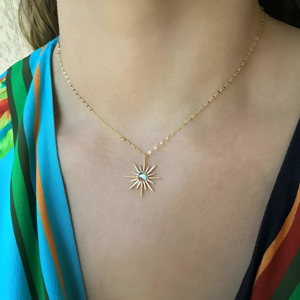 Gold sun god necklace with geometric synthetic opal pendant on a 45cm cross chain with 5cm extension