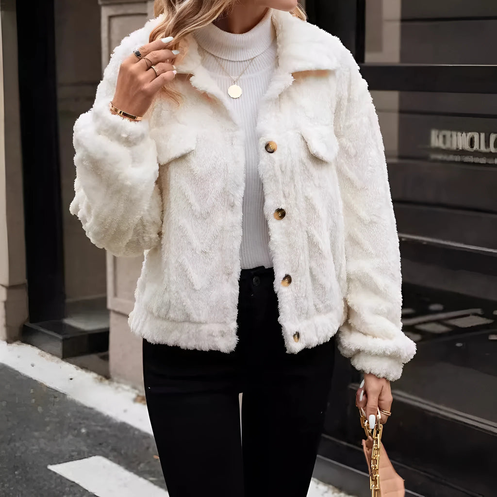 Women's ivory white double-sided plush button cardigan top coat with long sleeves