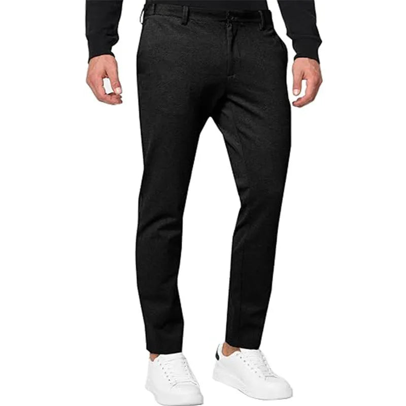 Men's slim-fit tapered chino trousers in a grey cotton blend fabric with a zipper fly.