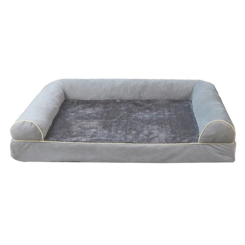Square cloth dog bed with sponge filling, shown in blue, dimensions example 75cm long by 50cm wide.