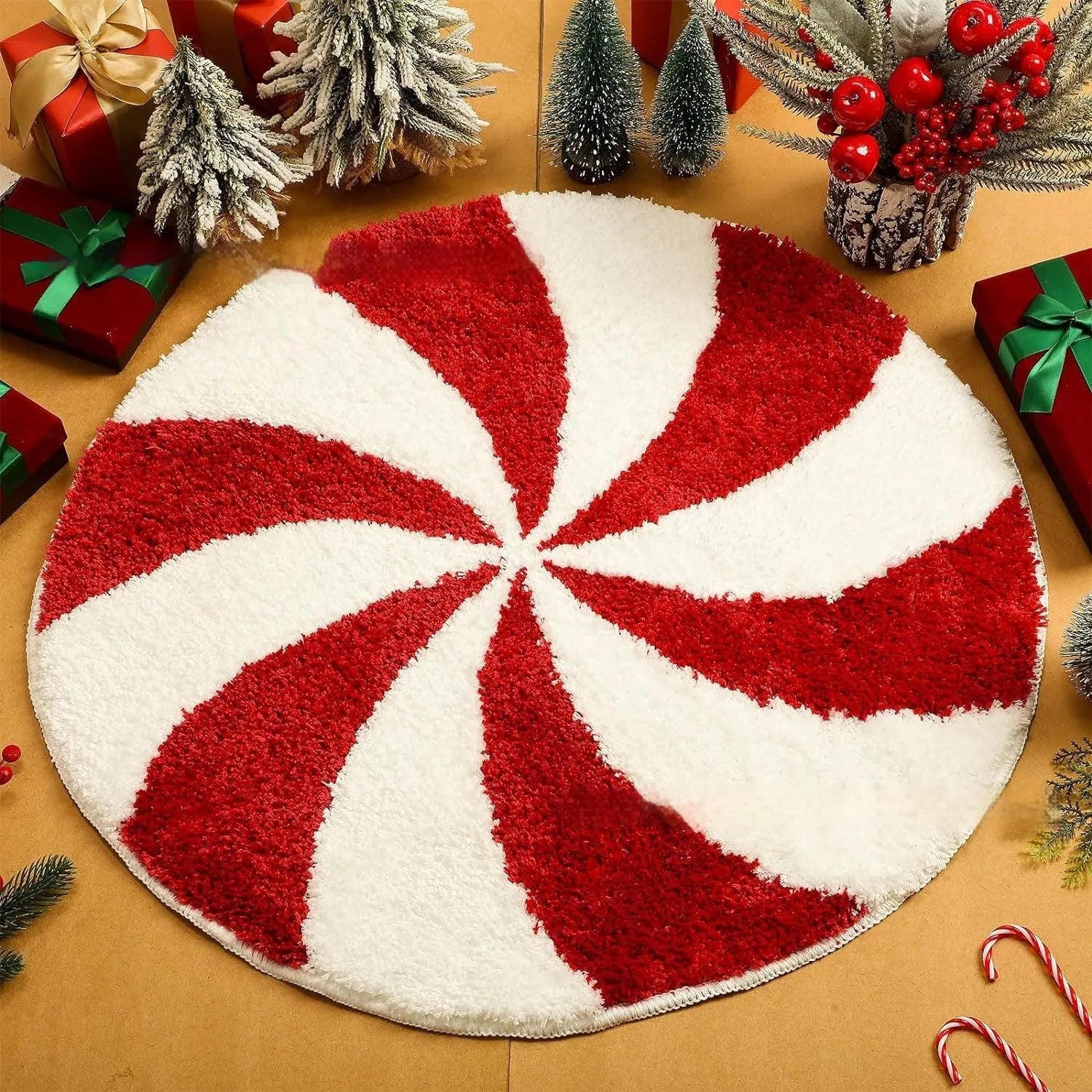 Christmas-themed printed round polyester rug on a wooden floor
