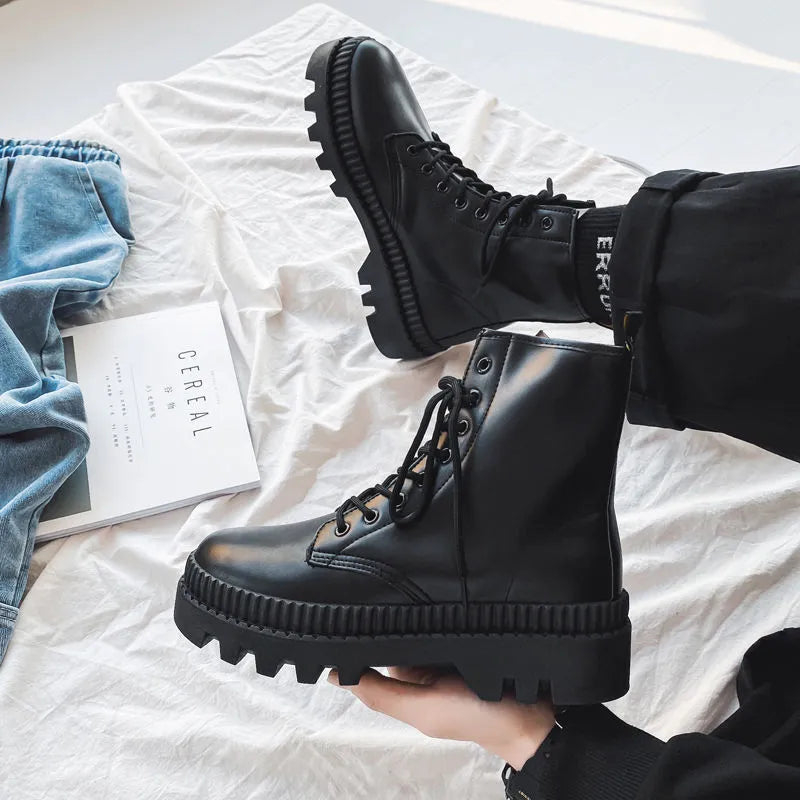 Men's black frosted leather Dr Martens platform boots with a side zip and 8-hole high top design.