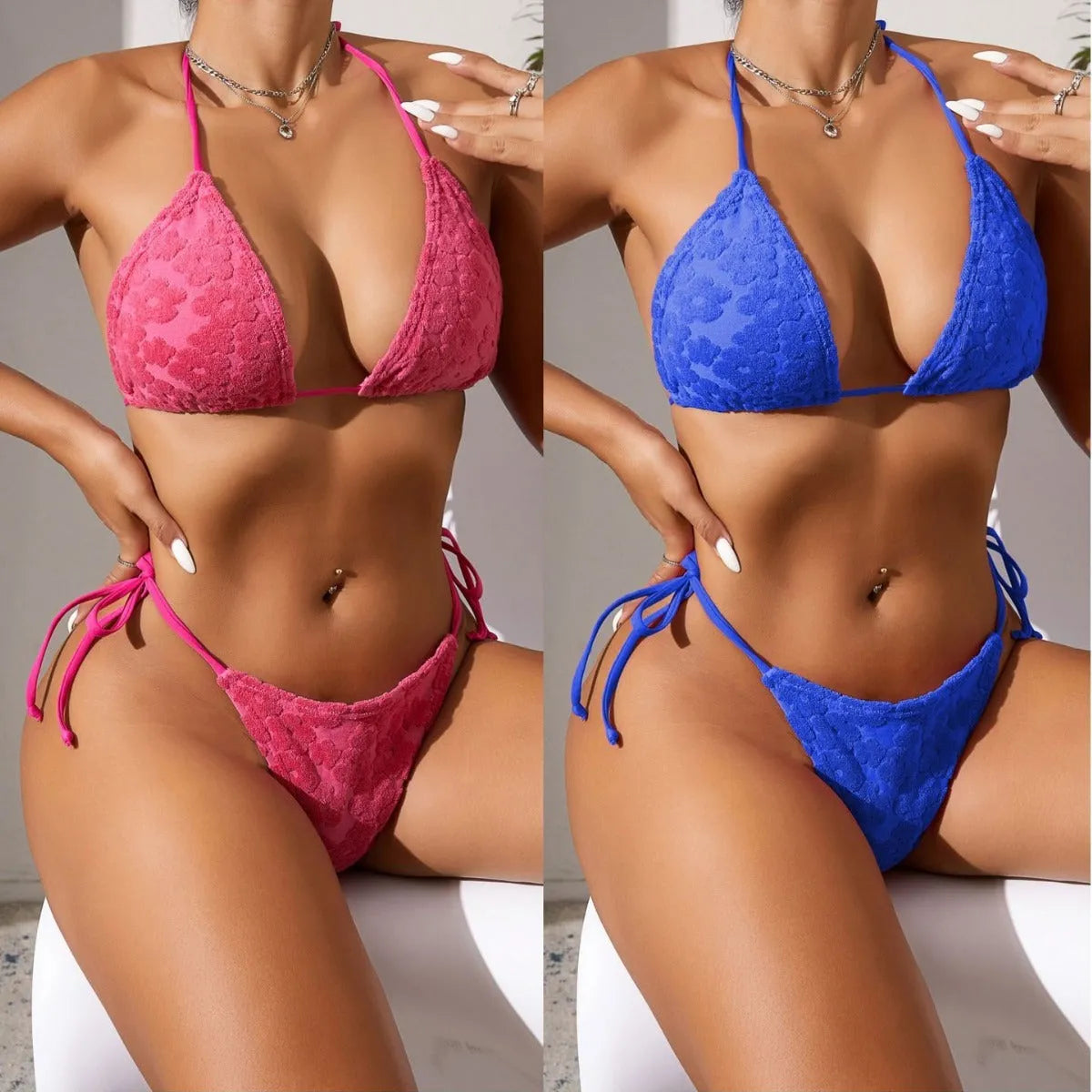 Women's bikini swimsuit with a lace-up back in flower fabric, shown in rose red and blue.