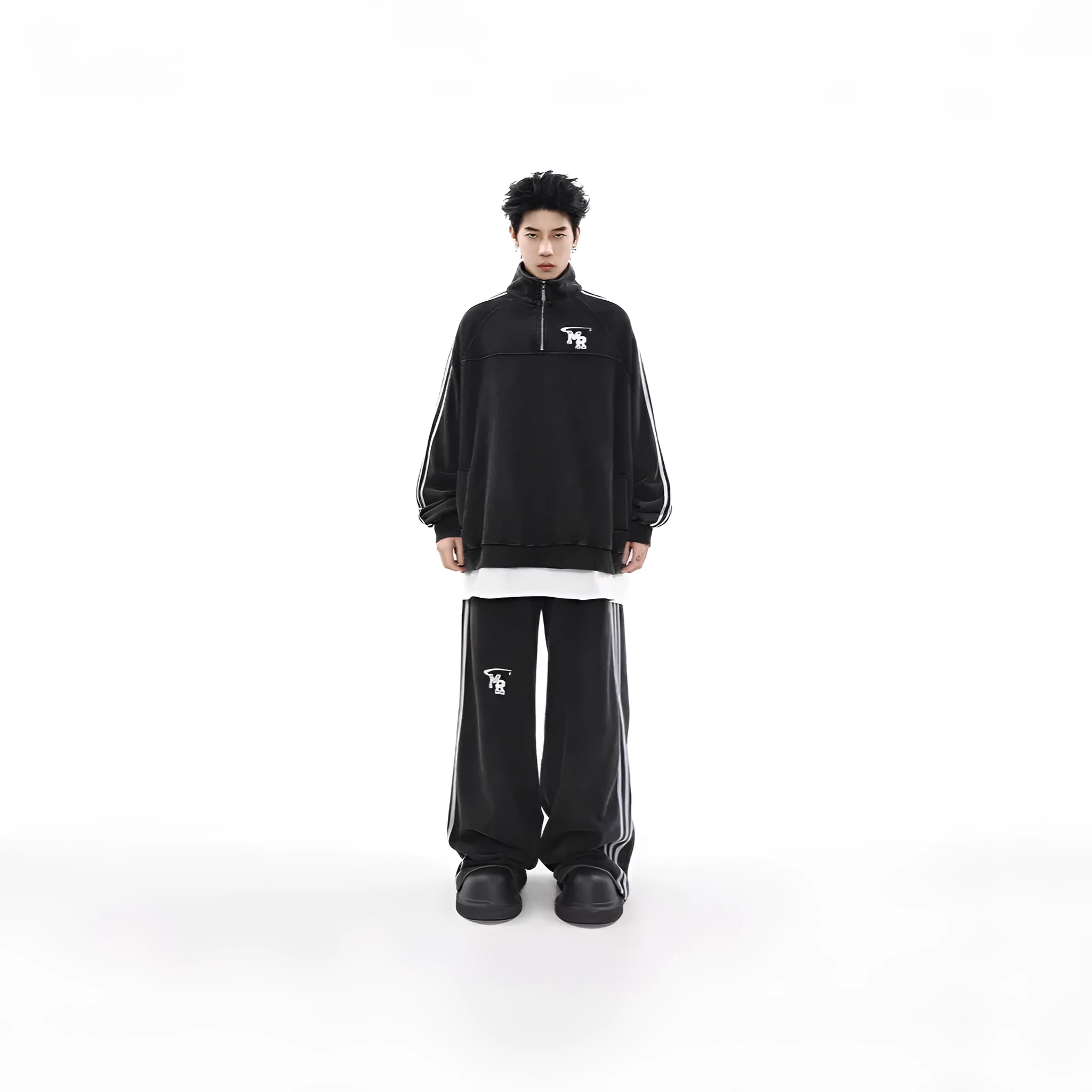 Black Hong Kong style stand collar couple hoodie sweater on a hanger.