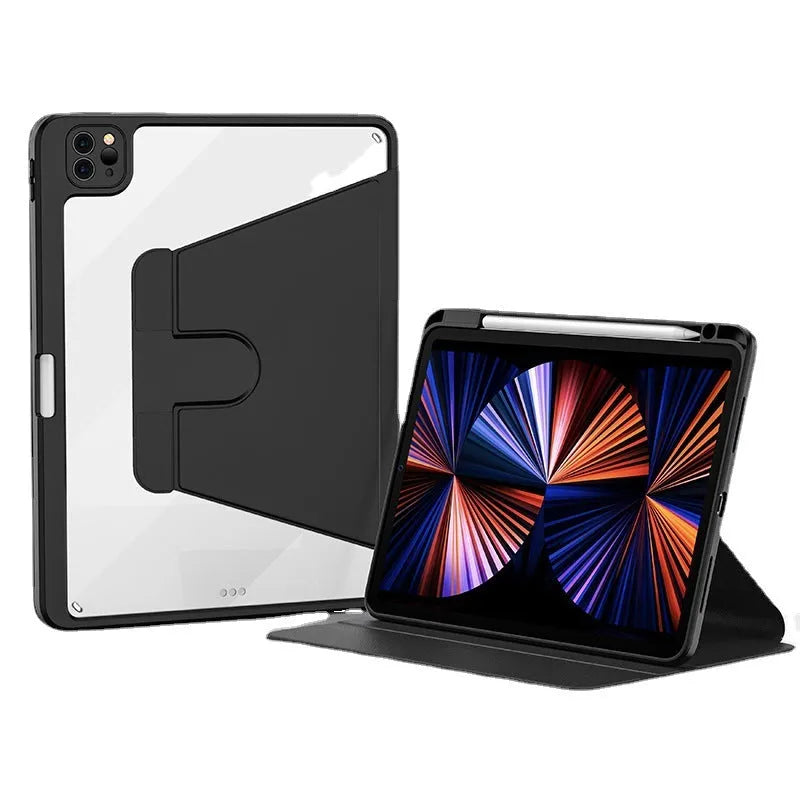 Swivel tablet holster with pen tray cover for iPad, faux leather clamshell design in black, showing stylus slot and closed cover