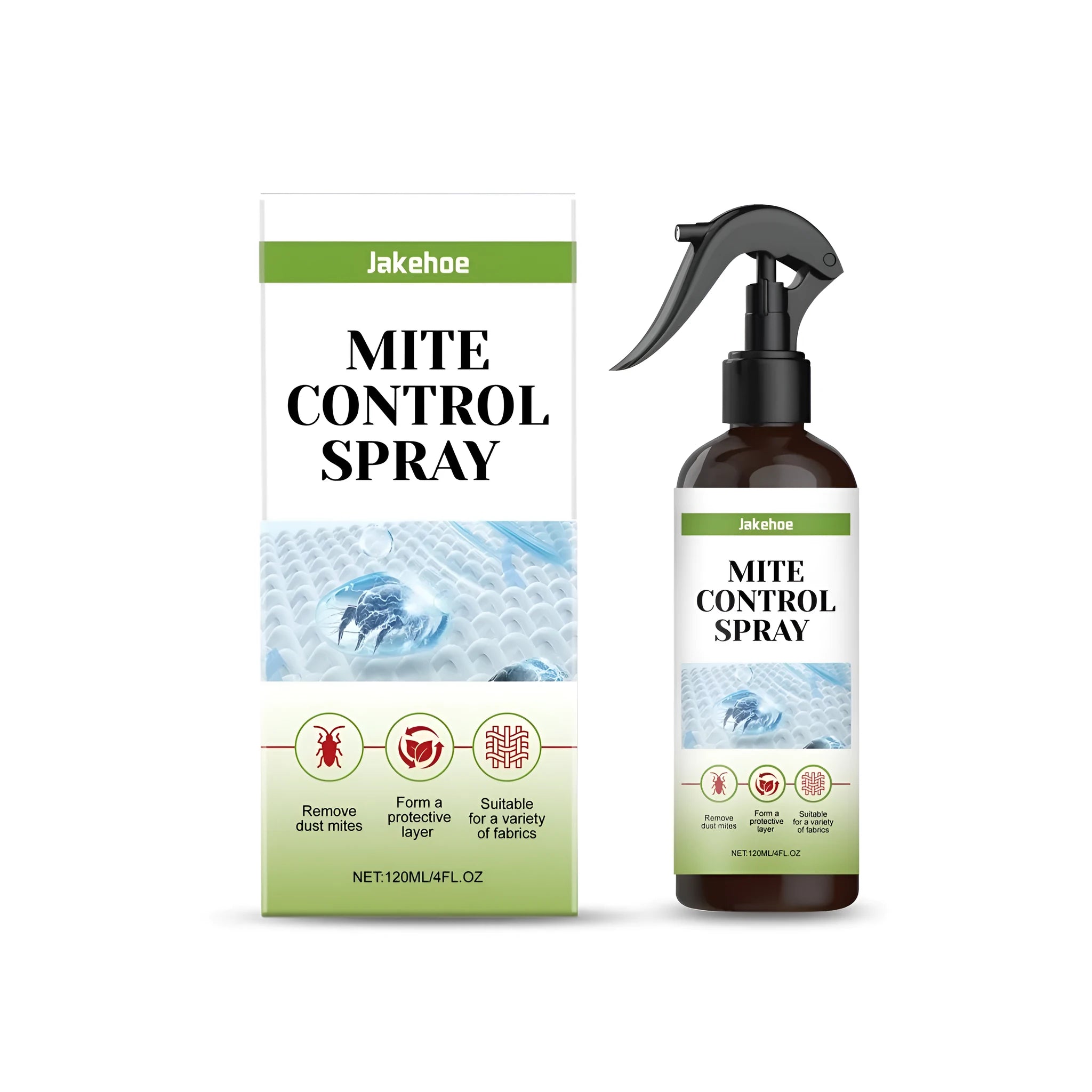 120ml bottle of mite control spray with listed ingredients: water, ethanol, propylene glycol, menthol, disodium EDTA.