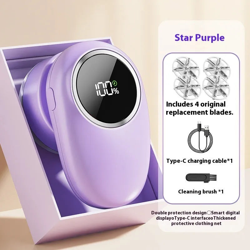 Beige and purple digital fur ball trimmer lint remover with selectable cutter heads on a table