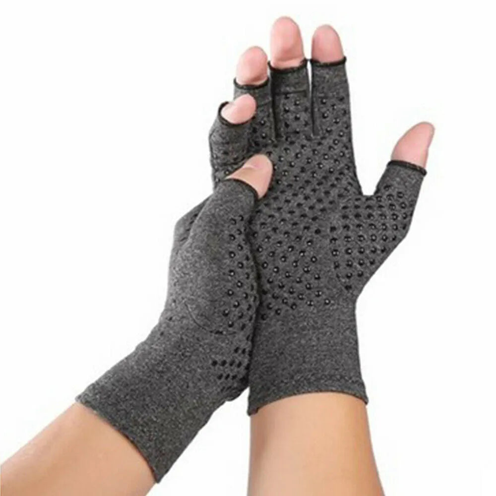 Grey half finger joint compression gloves with an anti-slip palm, shown in a dispensing style.