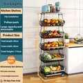 Black six-layer foldable kitchen storage rack with carbon steel frame on floor.