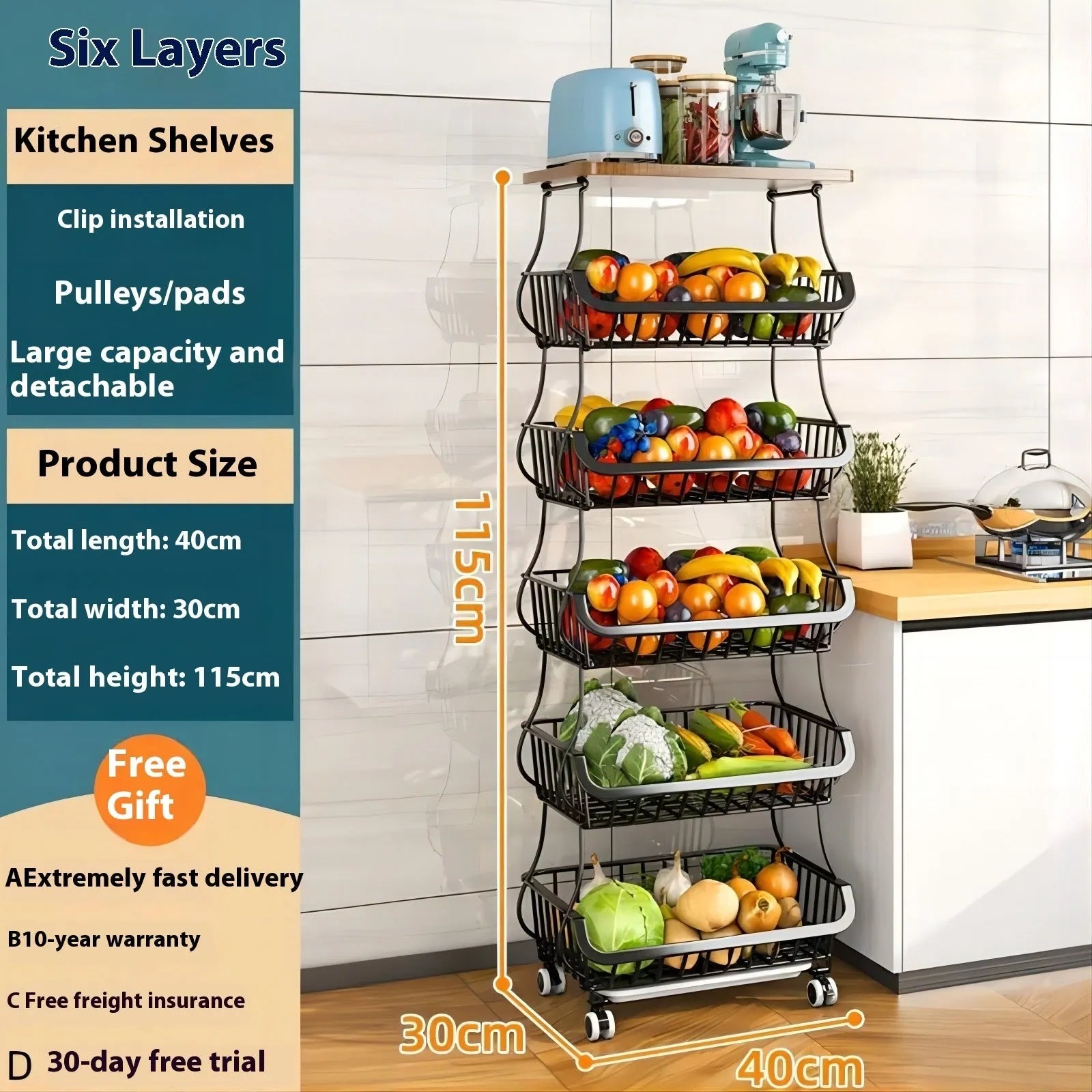Black six-layer foldable kitchen storage rack with carbon steel frame on floor.