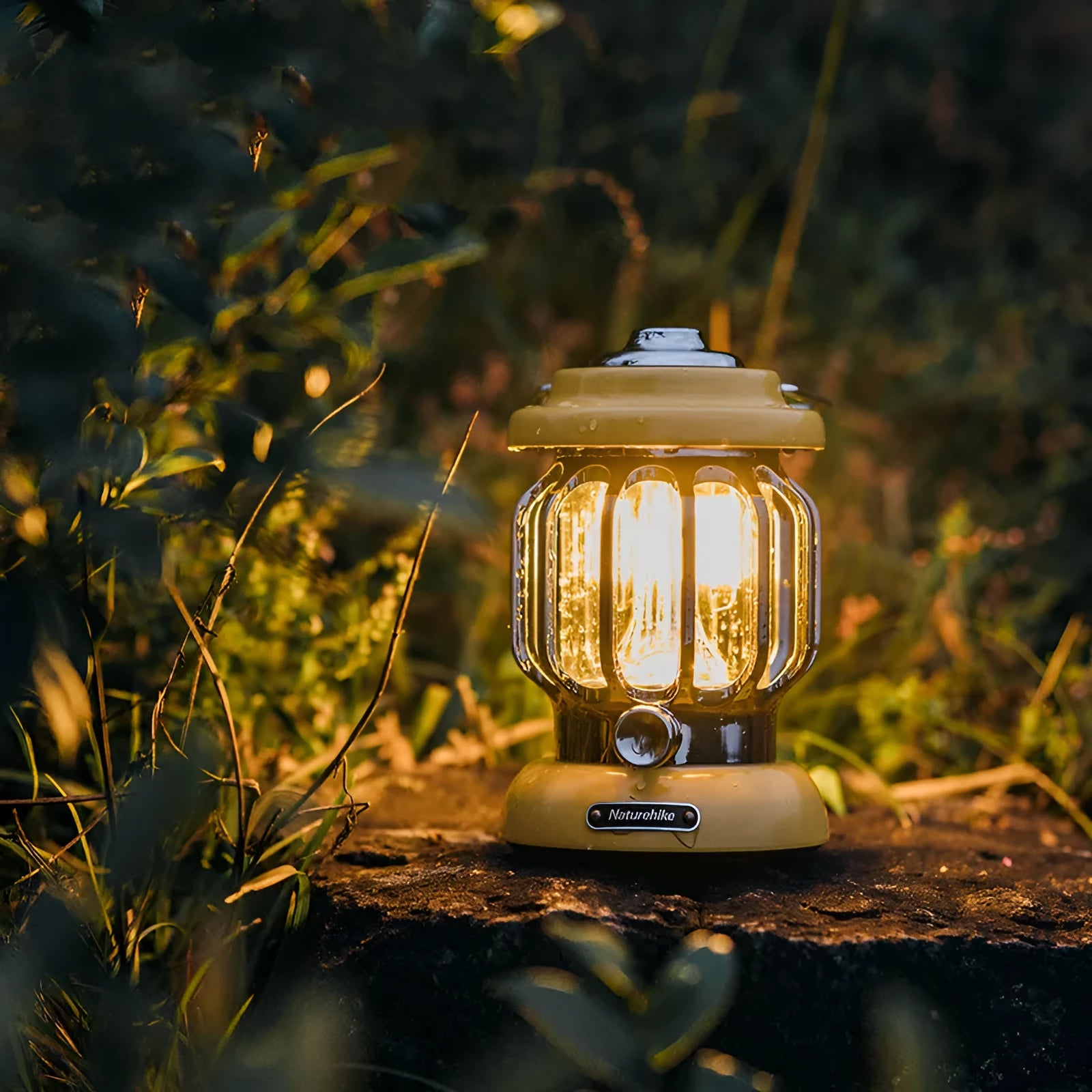 Rechargeable camping lantern in Sundial Yellow with iron and ABS construction, Type-C charging, 5000mAh battery, and 130 lumens adjustable brightness