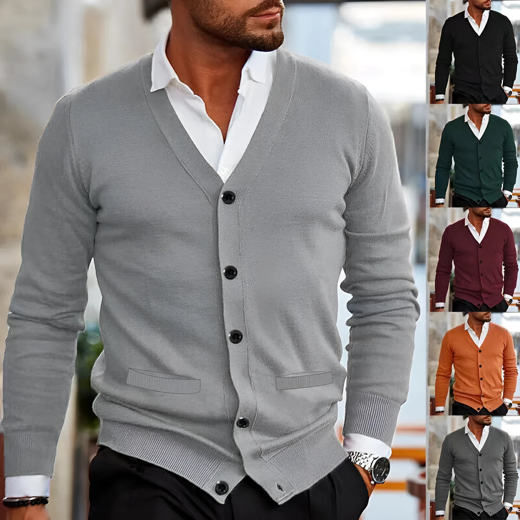 Men's slim fit acrylic cardigan sweater coat in wine red colour with long sleeves