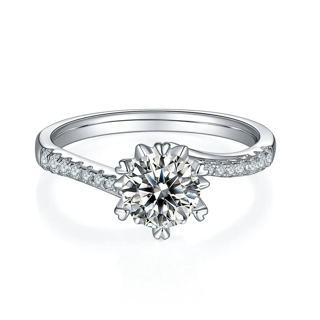 Snowflake Dance wedding ring set with 1 carat moissanite, S925 silver platinum-plated, sizes 5 to 9, gift box and GRA certificate