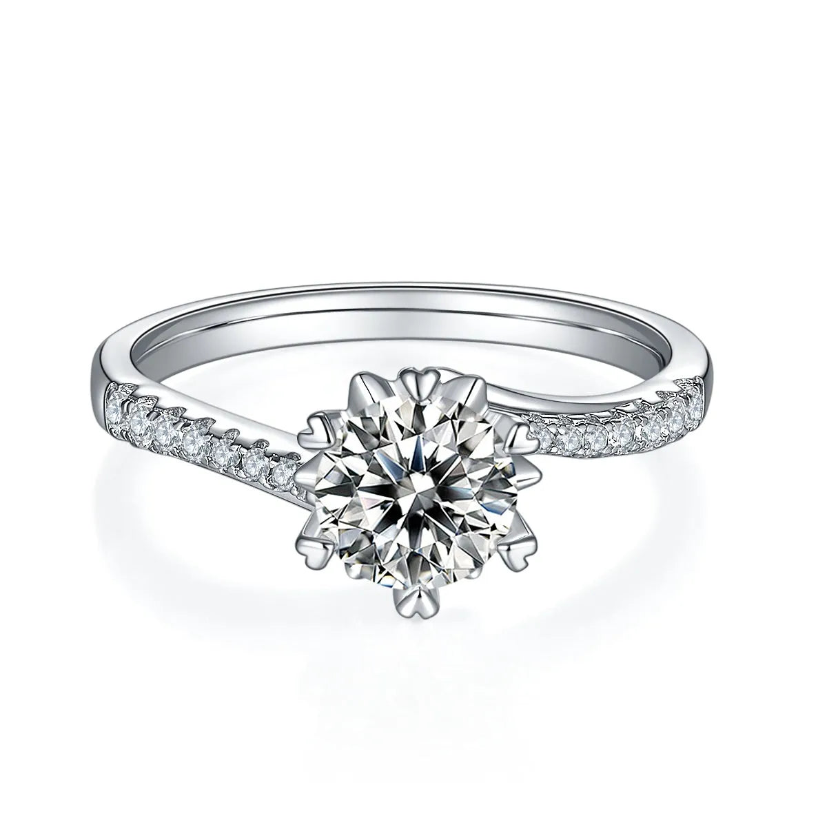 Snowflake Dance wedding ring set with 1 carat moissanite, S925 silver platinum-plated, sizes 5 to 9, gift box and GRA certificate