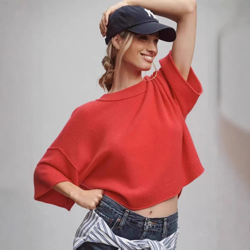 Red or white women's short sleeve crop top T-shirt made from viscose fibre.