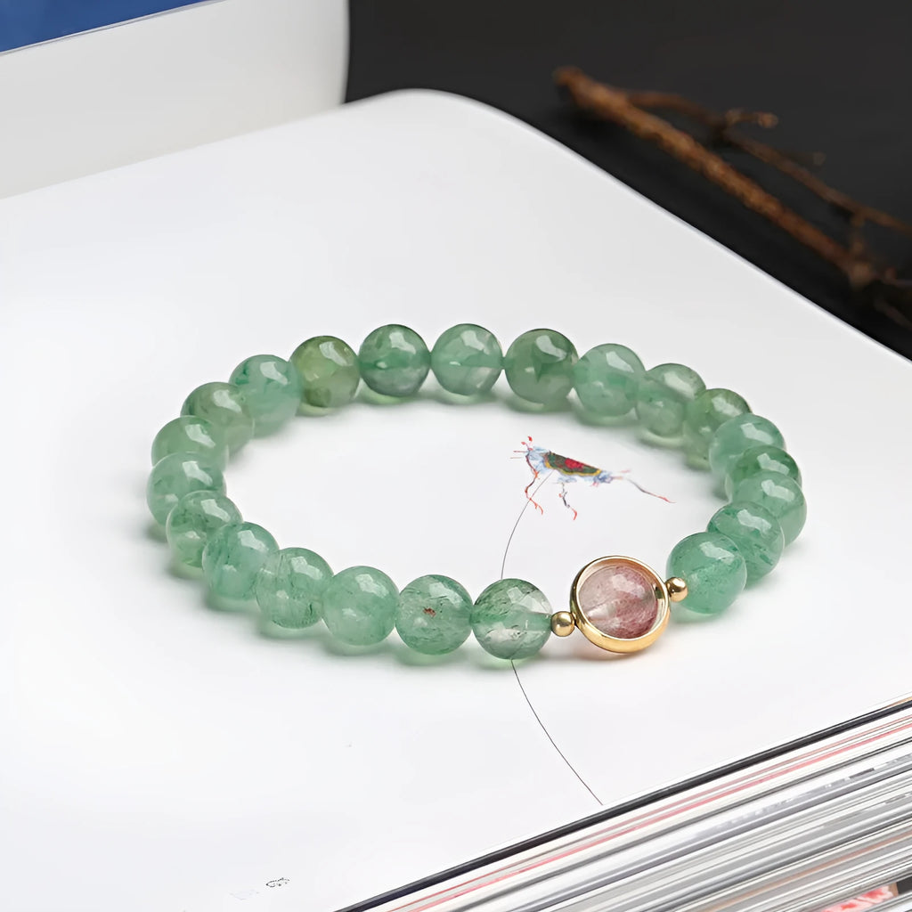 Green strawberry quartz single circle ball bracelet with 7.5mm beads and geometric Chinese style design