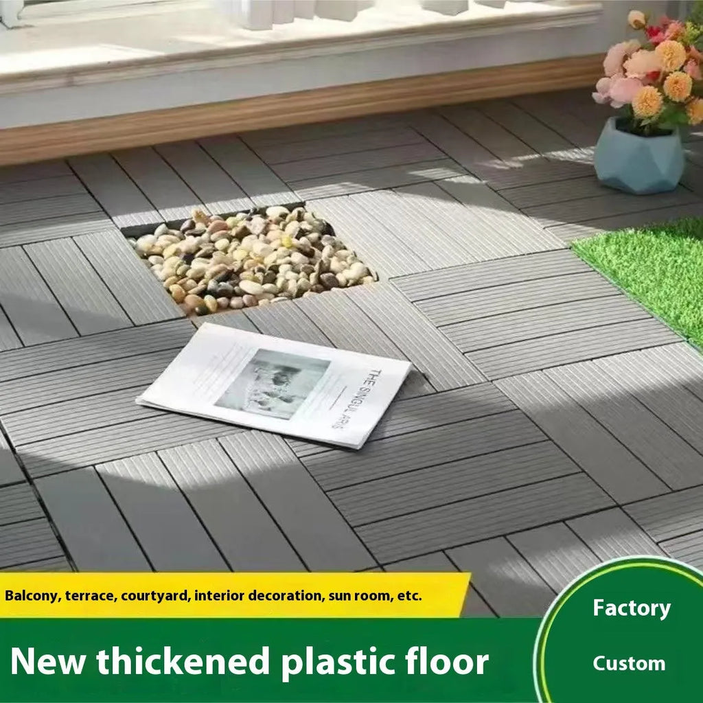 Plastic interlocking floor tile with wood grain finish and non-slip surface, 300mm x 300mm size