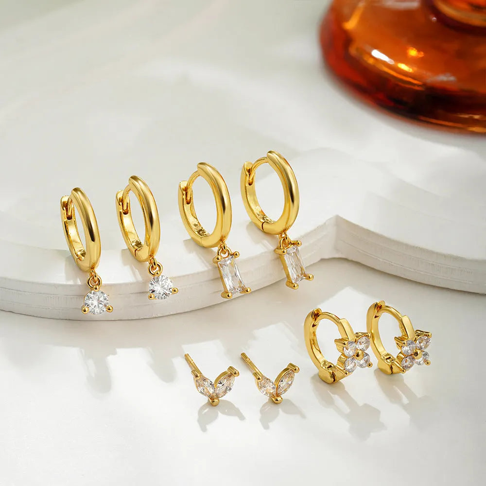 Geometric square earrings set with zircon details in gold or silver electroplated finish for women