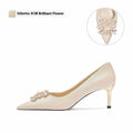 French crystal bridal high heel pumps with rhinestones, pointed toe, and choice of stiletto or cat heel.