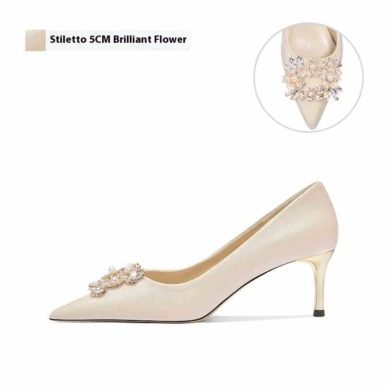 French crystal bridal high heel pumps with rhinestones, pointed toe, and choice of stiletto or cat heel.