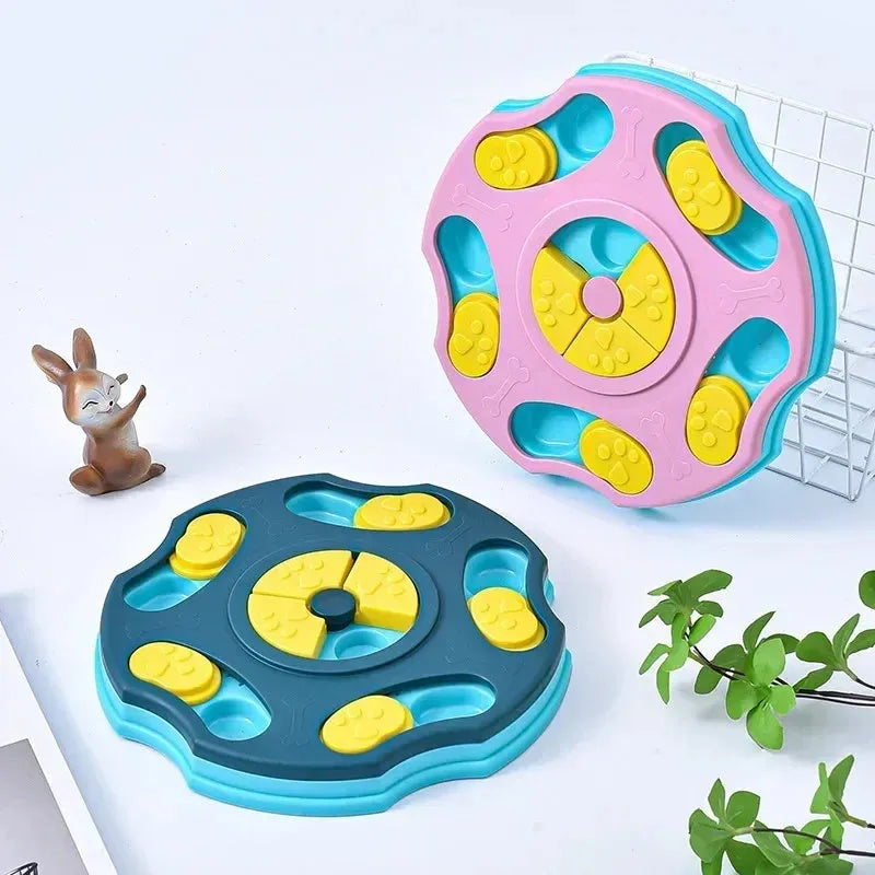 Blue and pink interactive dog puzzle feeder bowl for slowing fast eating and mental stimulation
