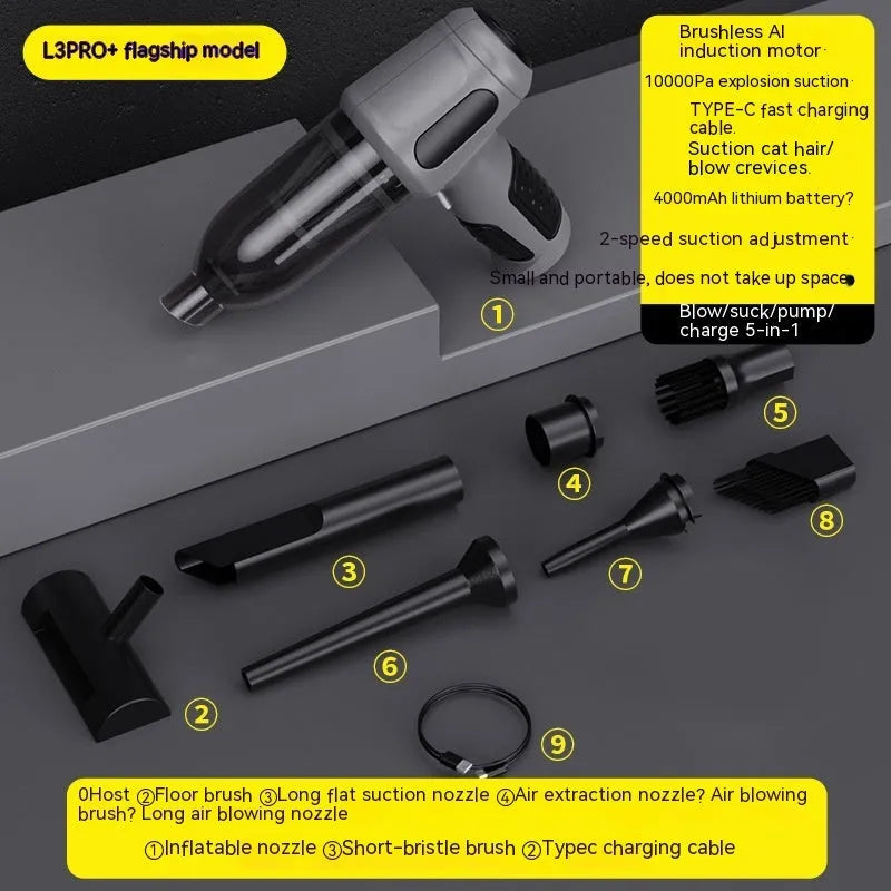 Handheld car vacuum cleaner with nozzle attachments in black, white, or grey colours