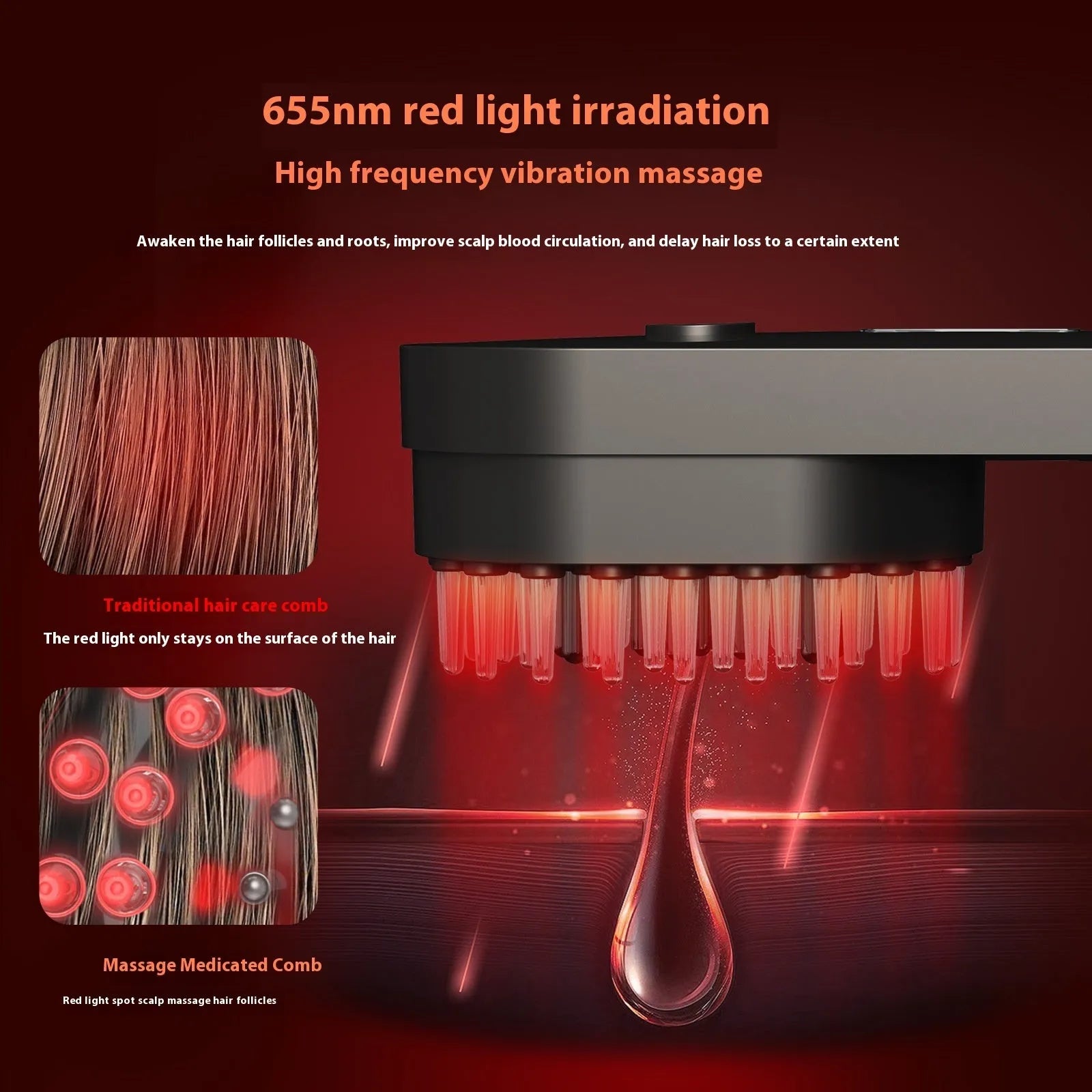 Smart massage comb with red light therapy for scalp care, less than 10cm, in pink or black colour