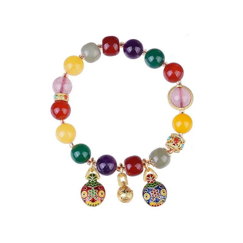 Hand-woven agate bracelet with swallowing gold beast motif and 10mm beads