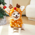 Elk Christmas costume on a medium-sized dog, showing fleece-lined interior and two-legged design.