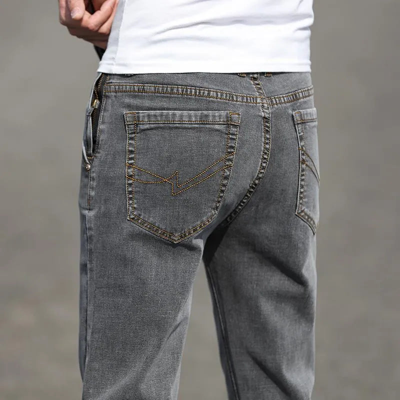 Men's smoky gray jeans with straight-leg cut and low-waist design