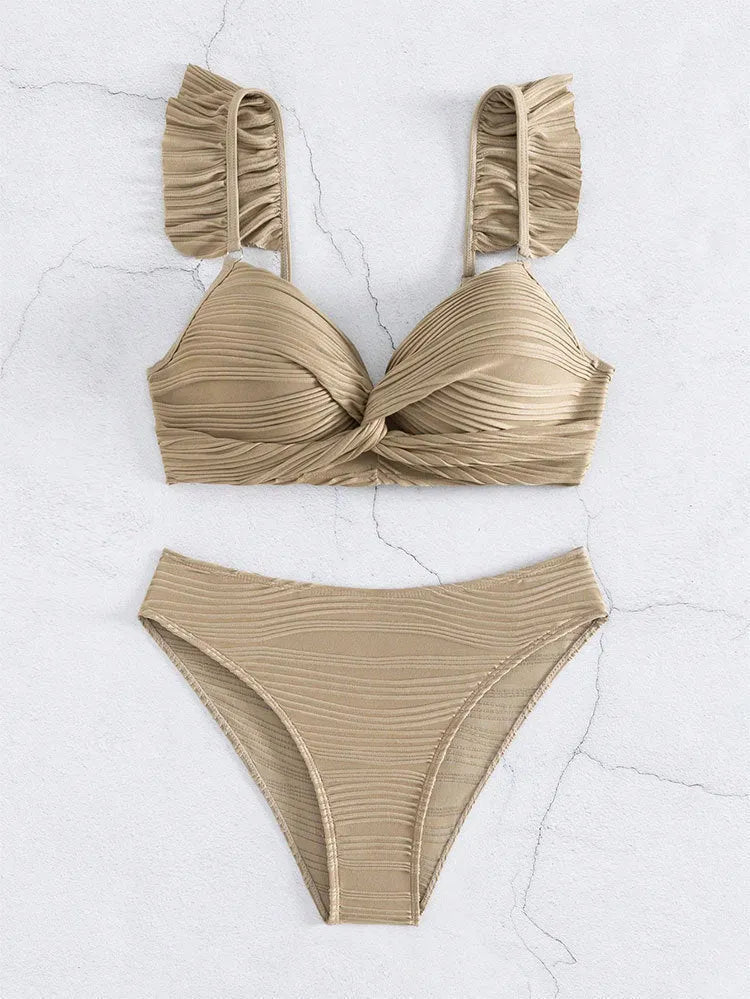 Solid colour women's bikini swimsuit set in black or khaki on a mannequin