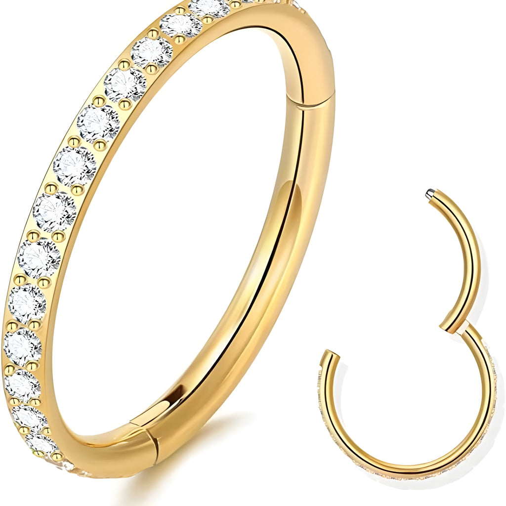 Stainless steel seamless nose ring showing colour options: black, gold, rose gold, and steel.