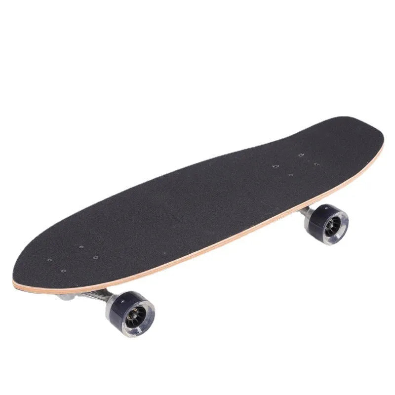 White wooden street scooter with 31-inch maple deck, shown assembled.