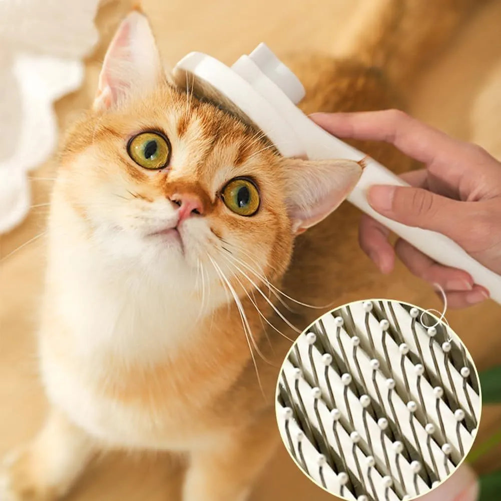 Blue self-cleaning cat grooming brush with one-click button and rubber-tipped needles