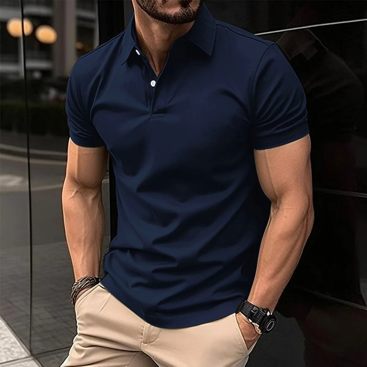 Men's solid colour cotton blend polo shirt with button lapel collar and short sleeves
