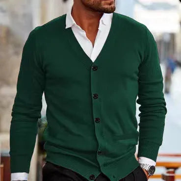 Men's slim fit acrylic cardigan sweater coat in wine red colour with long sleeves
