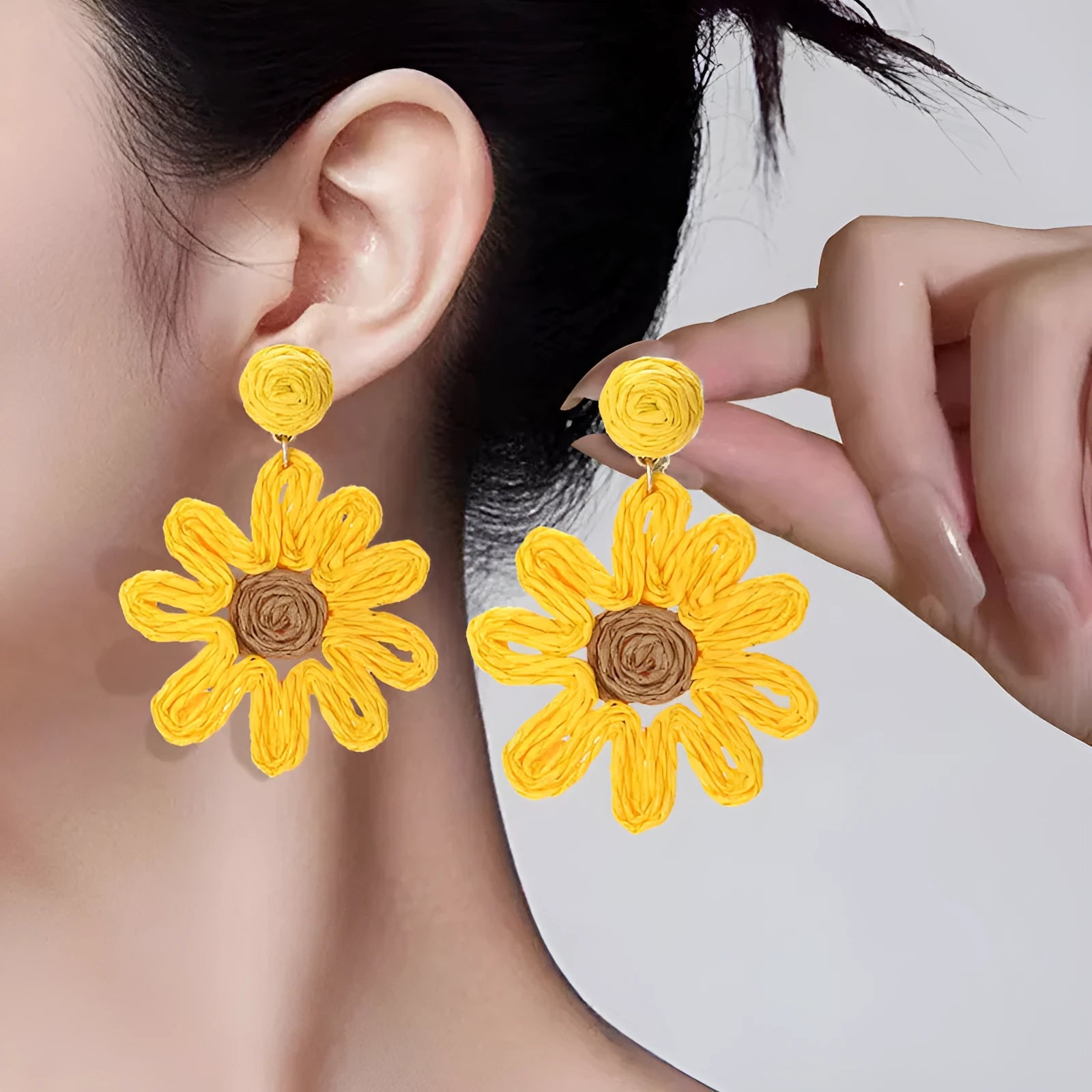 Handmade silver needle earrings for women, flower shape with rhinestones, bohemian pastoral style, available in beige pink and yellow