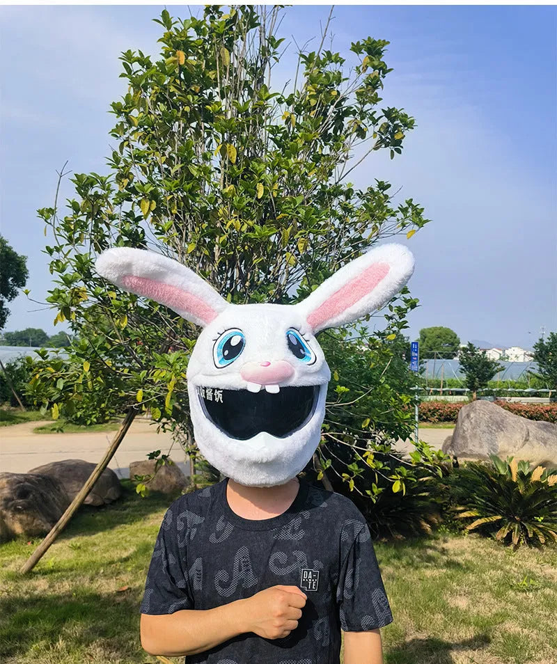 White long-eared rabbit plush helmet cover for electric motorcycles