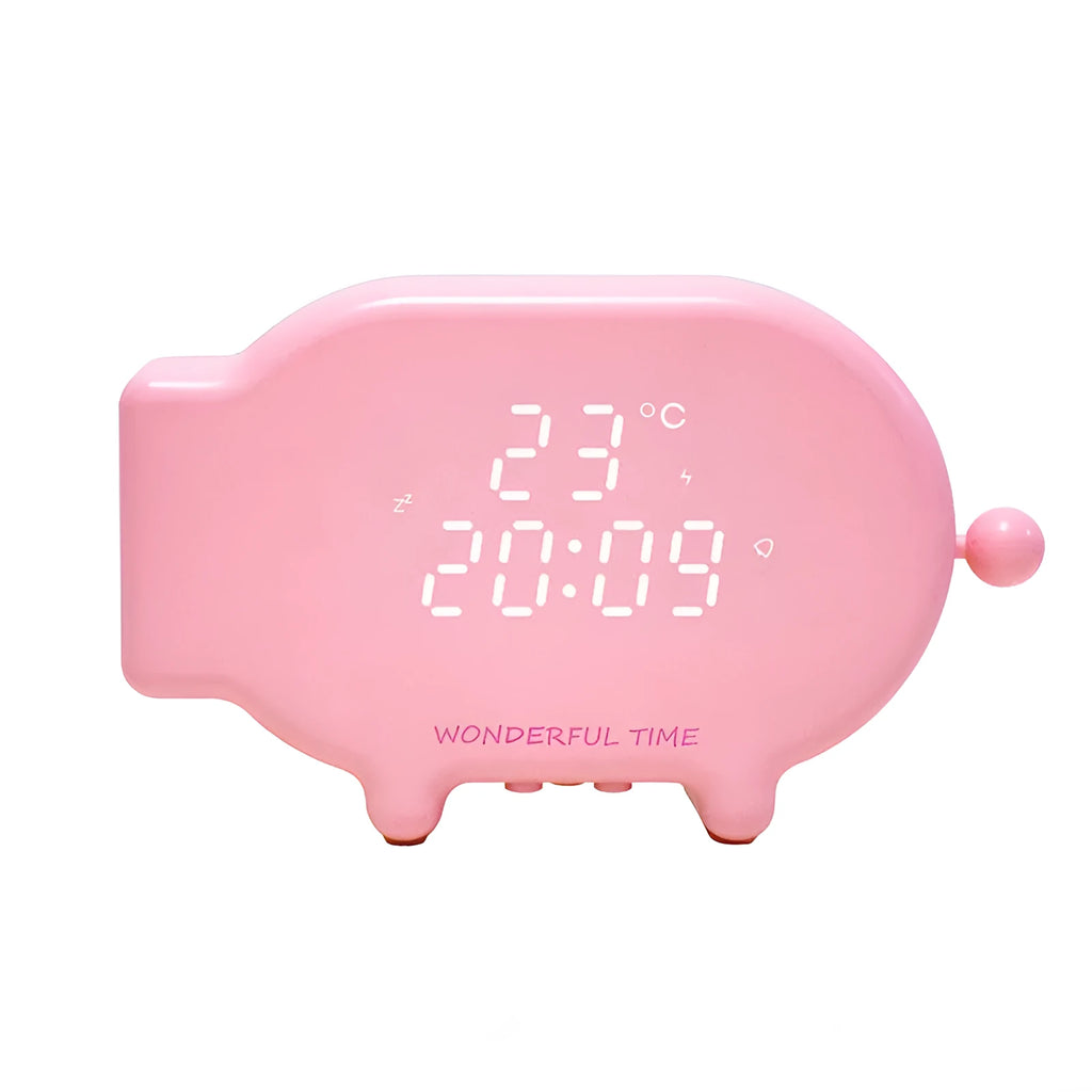 Blue and pink multifunctional LED alarm clock showing time, temperature, and a USB charging port.