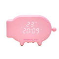 Blue and pink multifunctional LED alarm clock showing time, temperature, and a USB charging port.