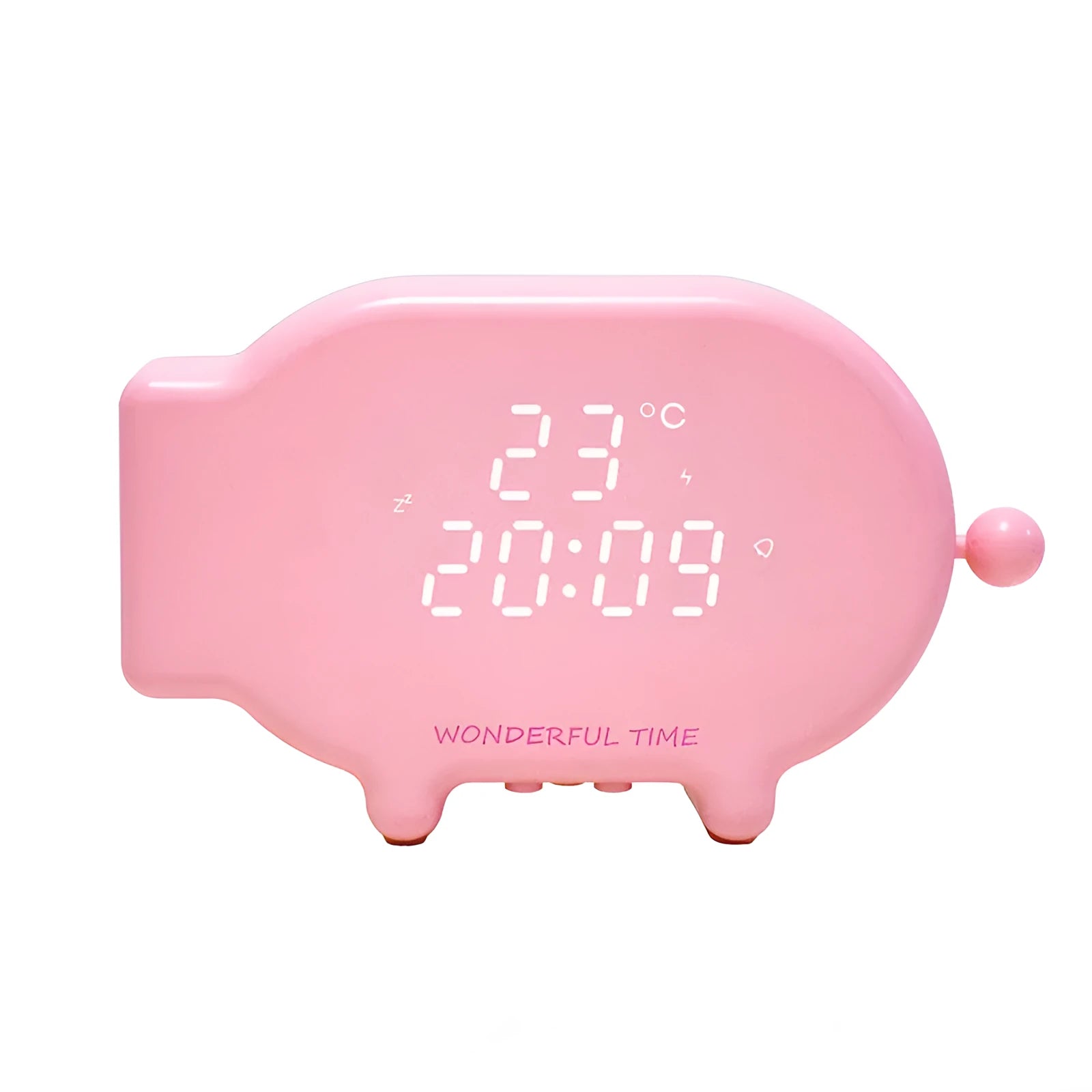 Blue and pink multifunctional LED alarm clock showing time, temperature, and a USB charging port.