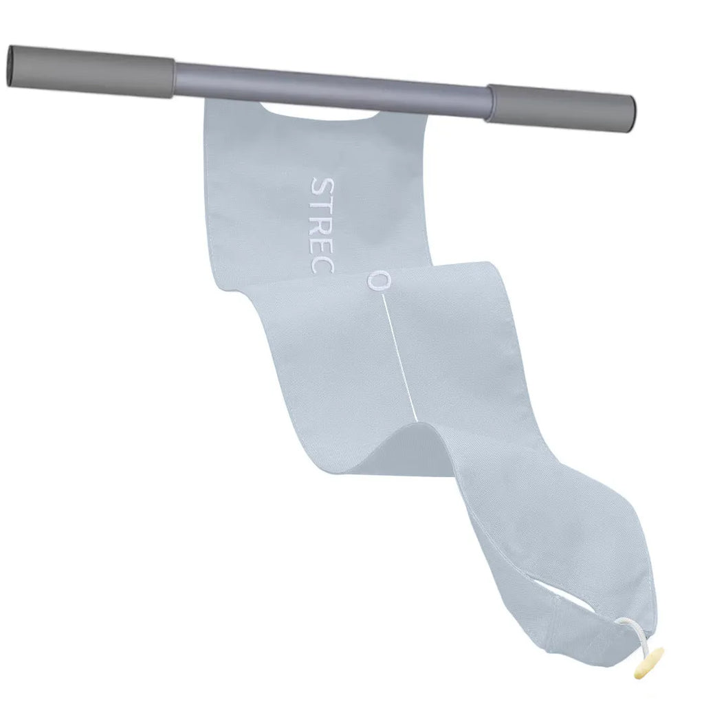 Grey and pink 42cm long yoga stretching tool with curved design for shoulder and back stretches.